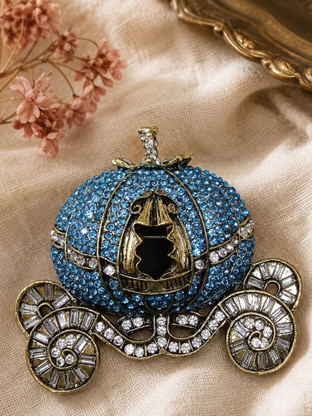 Vintage Large Blue Rhinestone Cinderella-Style Pumpkin Carriage Brooch